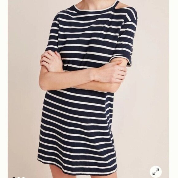 NWT Monrow Stripe Striped Navy Blue White Cutout T-Shirt Mini Dress Size Small - Picture 1 of 10